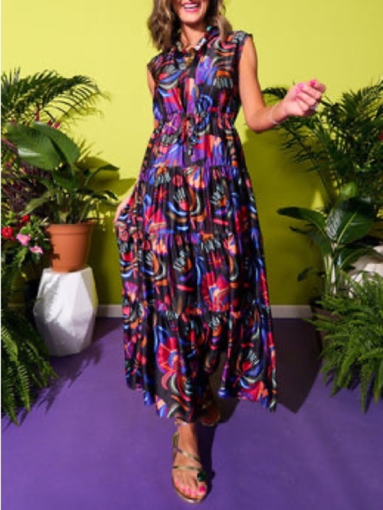 SSYS Dresses & Skirts - SSYS Rowe Midnight Palms Tiered Maxi Dress Sleeveless Drawstring Collared XL